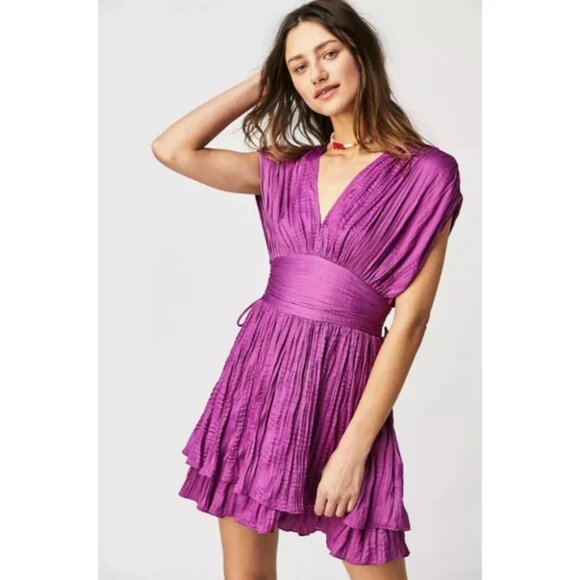 037 Free People | Bonny Drapey Pleated Mini Dress Summer Bloom NWT Size XS - Picture 3 of 12